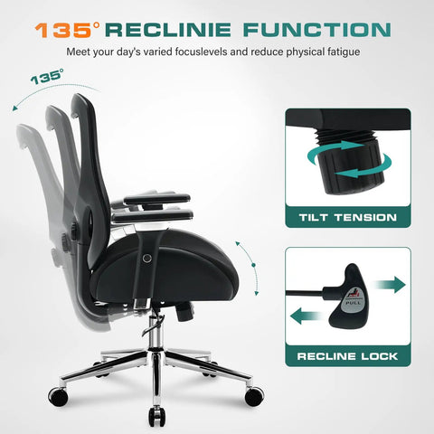 Heavy Duty 750Lb Big And Tall Office Chair With Wide Thick Seat Cushion showing 135° recline function and adjustment controls