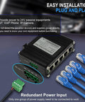 Industrial 5 Port Passive PoE Switch with 24V Output, showing ports and cables, 12 to 24V DC input, easy installation, plug and play.