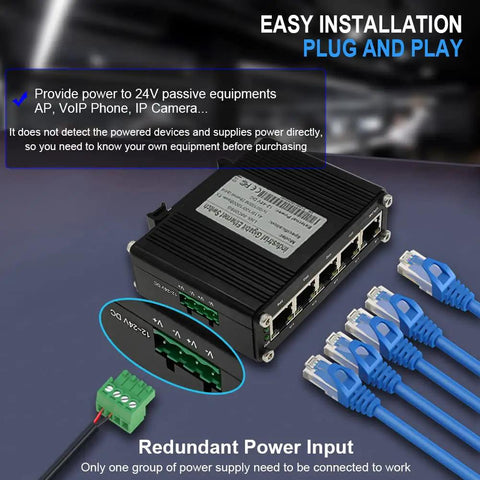 Industrial 5 Port Passive PoE Switch with 24V Output, showing ports and cables, 12 to 24V DC input, easy installation, plug and play.