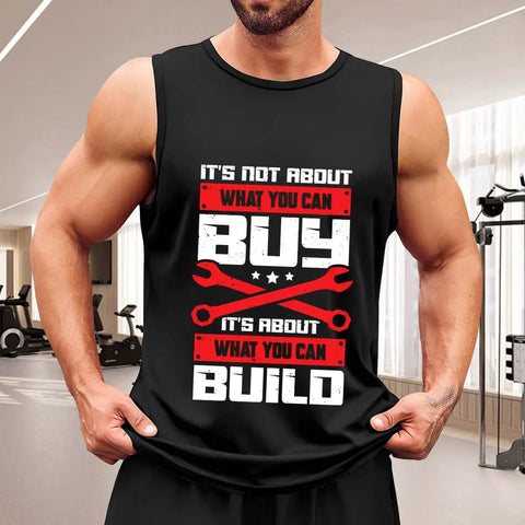 Mens Premium Cotton Muscle Tee Featuring Vintage Race Car And Moto Mechanic Graphics Lightweight Breathable Sleeveless Summer Gym Tank Top Straight Up Dope Fit worn by man in gym setting.