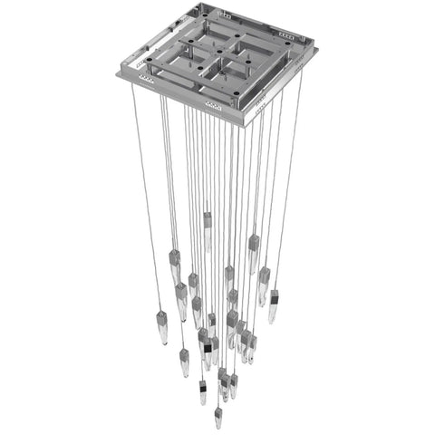25-Light Chrome Crystal Flush Mount Chandelier With Steel Construction And GU-10 Bulbs, overhead view of crystal drops and frame.