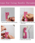 Steps showing use of Automatic Needle Threader Set For Sewing And Embroidery Tools with pink tool threading needle.