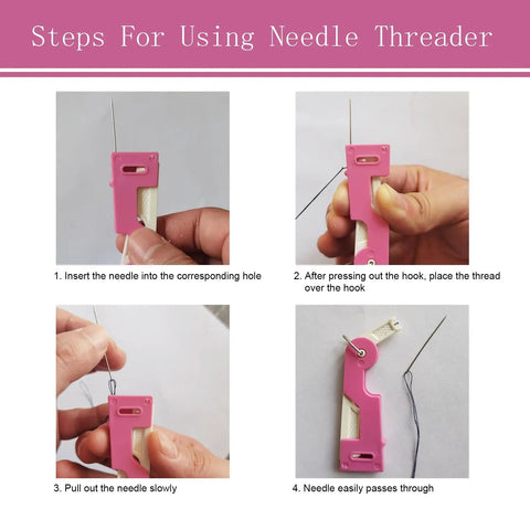 Steps showing use of Automatic Needle Threader Set For Sewing And Embroidery Tools with pink tool threading needle.
