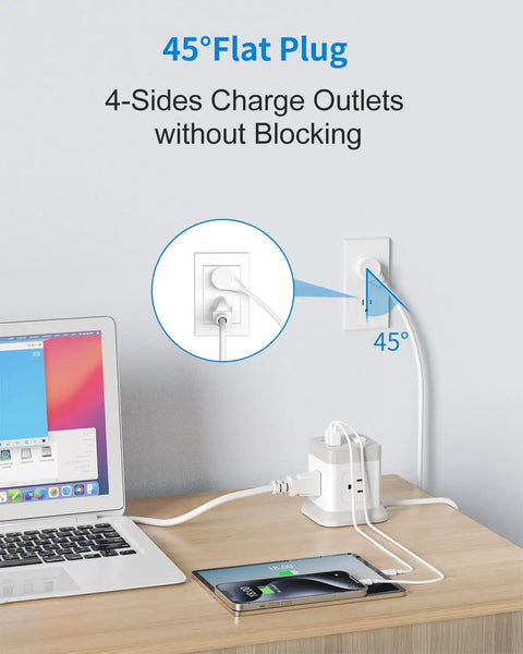 7 In 1 Power Strip Cube With 4 Outlets And 3 USB Ports, 5 Foot Extension Cord shown on desk charging a laptop and phone.