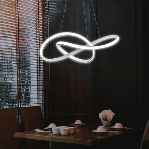 Dimmable LED Pendant Light With Irregular Ring Design, Remote Control, White Finish, Modern Sleek Chandelier over dining table