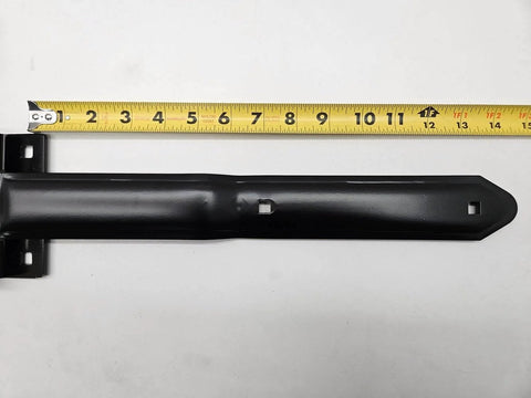 Black Aluminum 16 Inch Strap Hinges Pair For Trailer And RV Doors Offset Bent Design shown with measuring tape