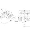 Diagram of Wall Mount Tub Filler Chrome Faucet With Brass Construction, Double Handles, Ceramic Cartridge, One Half Inch NPT Inlets