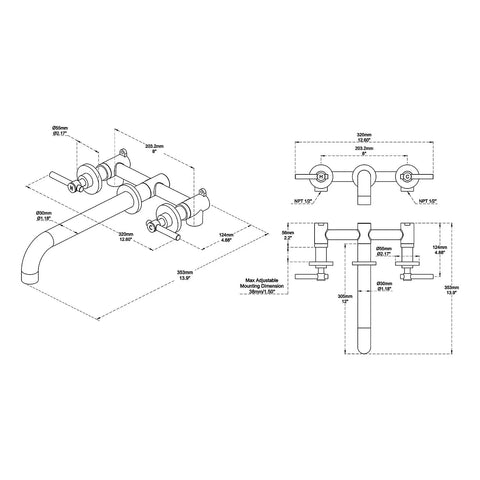 Diagram of Wall Mount Tub Filler Chrome Faucet With Brass Construction, Double Handles, Ceramic Cartridge, One Half Inch NPT Inlets
