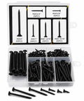 Open case of Drywall Screw Set 130 Piece Assortment With Six Sizes, showcasing organized black oxide screws.