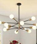 Modern 12 Light Sputnik Chandelier in Black and Gold for Dining Room Over Table, Mid Century Style Vibe, Height Adjustable