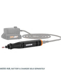 20V Cordless Rotary Tool With Brushless Motor, universal bit compatibility, shown with power cord and accessory bit attached.