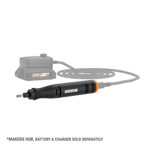 20V Cordless Rotary Tool With Brushless Motor, universal bit compatibility, shown with power cord and accessory bit attached.