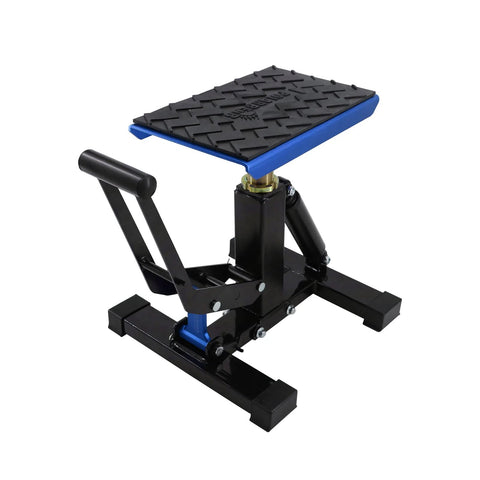 POLARBEAR dirt bike lift stand with blue platform on black steel base; adjustable, 1200 lb capacity