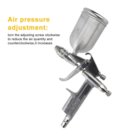 Mini Pneumatic Spray Gun With 0.5Mm Hardened Nozzle And 125Ml Gravity Cup showing air pressure adjustment mechanism.