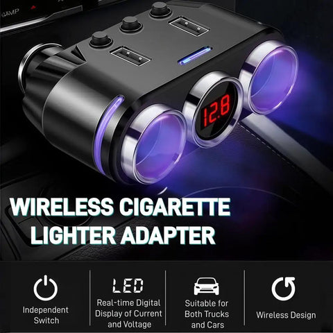 Heavy Duty Wireless Car Charger For Toyota RAV4 EV With Independent Switches And Led Voltage Display Plus 150W Quick Charge 3 showing ports and LED display