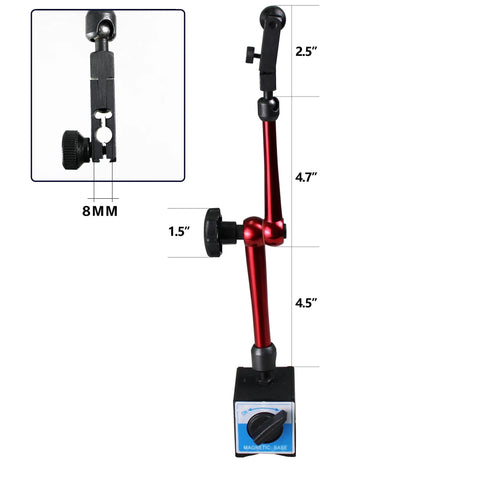 Tool stand with magnetic base and 8mm indicator holder, red adjustable, 14-inch length.