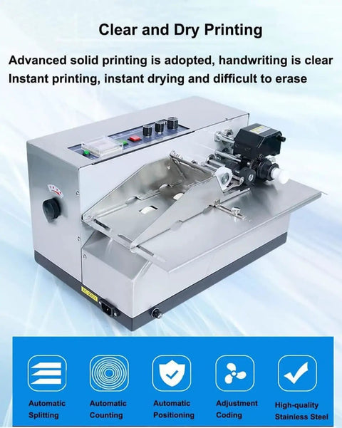 Stainless Steel Automatic Ink Wheel Coding Machine For Batch Numbers And Dates Wide Application On Labels Solid Dry Ink Printer For Industrial Use High Durability Anti Corrosion Heating System shown from top angle with controls and printing area visible.