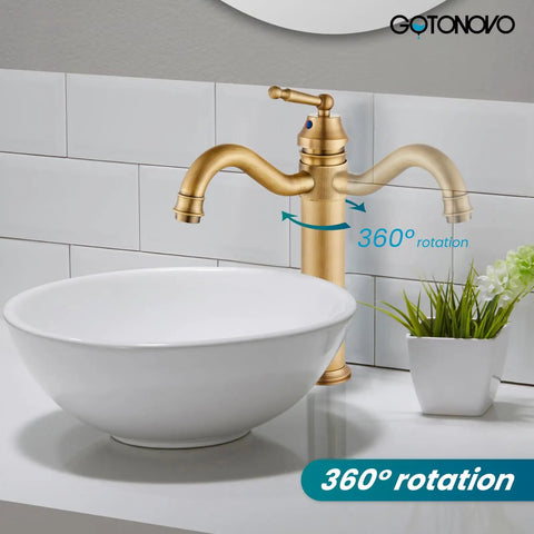 Antique Brass Bathroom Vessel Sink Faucet With Long Reach Single Handle Deck Mounted Mixer Tap For 1 Hole Installation
