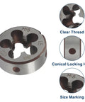 M16 1.5 Metric Tap And Die Set For Precision Threading with conical locking hole, clear thread, and size marking on steel die.