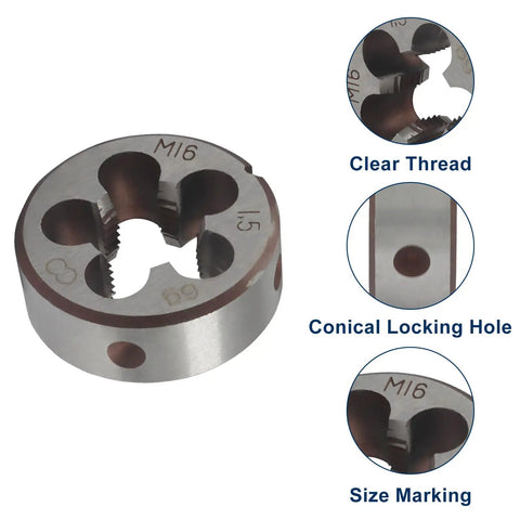 M16 1.5 Metric Tap And Die Set For Precision Threading with conical locking hole, clear thread, and size marking on steel die.