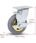 Heavy Duty Swivel Caster Wheels Featuring Dead Silent Rubber Treads And Secure Locking Brakes, 50mm tread, 190mm height.
