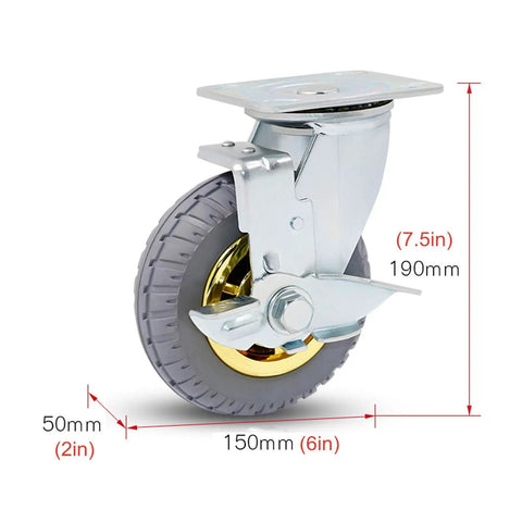 Heavy Duty Swivel Caster Wheels Featuring Dead Silent Rubber Treads And Secure Locking Brakes, 50mm tread, 190mm height.