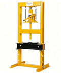 Heavy Duty 6 Ton Hydraulic Shop Press With Sturdy H Frame Design for metalworking tasks, featuring a yellow carbon steel frame.