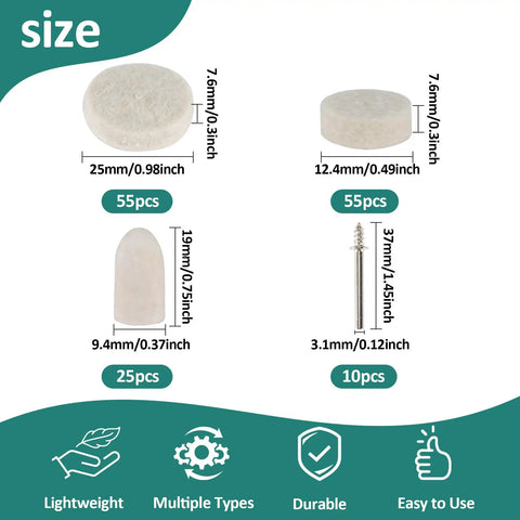 Dimensions of 145 Piece Wool Felt Polishing Pads And Buffing Bits Kit With One Eighth Inch Mandrel Shank For Dremel Rotary Tools