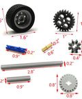 Technical Gears Axle Pin Connectors And Rack Gear Set With Rubble Wheels For Creative MOC Cars And STEM Builds, 300 Plus Pieces Compatible With Major Brand Learning Kits Ideal For Kids Aged 8 To 14 displayed with dimensions.