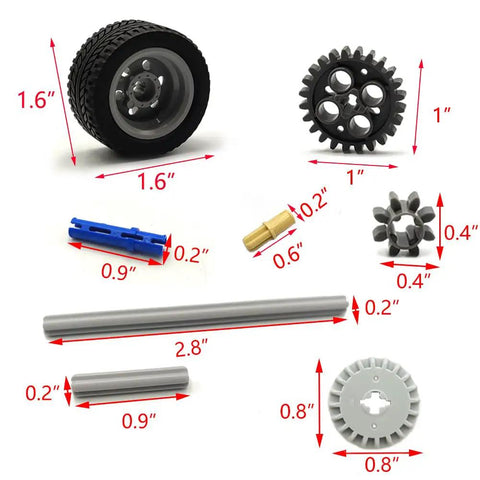 Technical Gears Axle Pin Connectors And Rack Gear Set With Rubble Wheels For Creative MOC Cars And STEM Builds, 300 Plus Pieces Compatible With Major Brand Learning Kits Ideal For Kids Aged 8 To 14 displayed with dimensions.