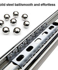 Beefy Heavy Duty 3 Fold Drawer Slides With Lock And Ball Bearing Runners, 34 Inch Length, close-up view of steel balls and slide track