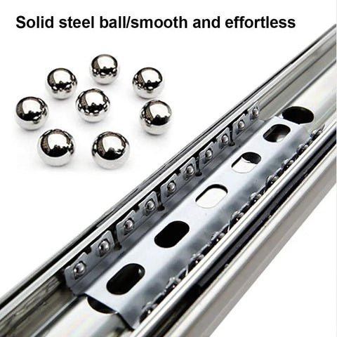Beefy Heavy Duty 3 Fold Drawer Slides With Lock And Ball Bearing Runners, 34 Inch Length, close-up view of steel balls and slide track