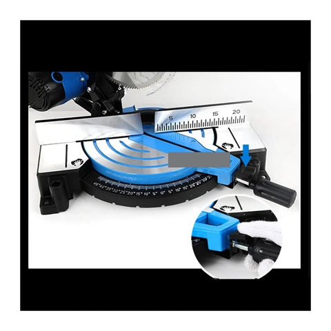 Belt Drive 2600W Miter Saw Cuts Wood And Aluminum Profiles Like Butter showing angle adjustment and measurement guide.
