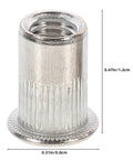 Close-up of M5 flat head stainless steel rivet nut with dimensions for furniture and machinery installations