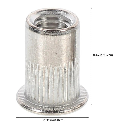 Close-up of M5 flat head stainless steel rivet nut with dimensions for furniture and machinery installations