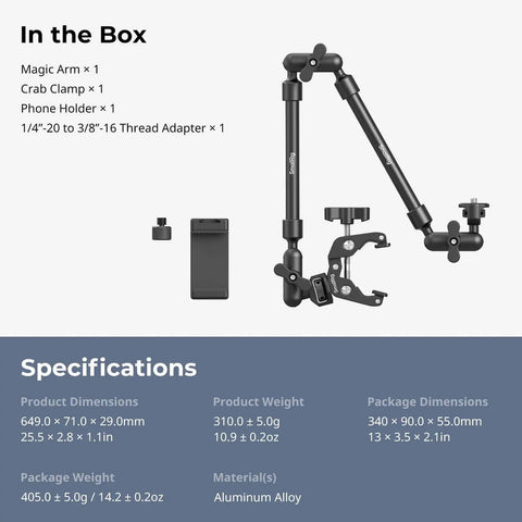 22 Inch Magic Arm Clamp Overhead Phone Mount Stand for Desk Camera and Light Flexible Articulating Boom Arm, components shown