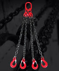 Heavy Duty Chain Drum Lifter Sling With Biker Tough Locking Hook And Bulletproof Cast Steel Rings, showcases four manganese steel chains with red hooks.