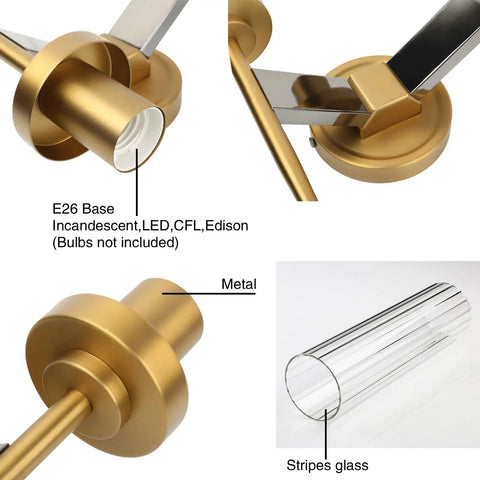 Two-Light Gold Brass Wall Sconces With 2.8 Inch Cylindrical Clear Glass Shades, E26 base socket details