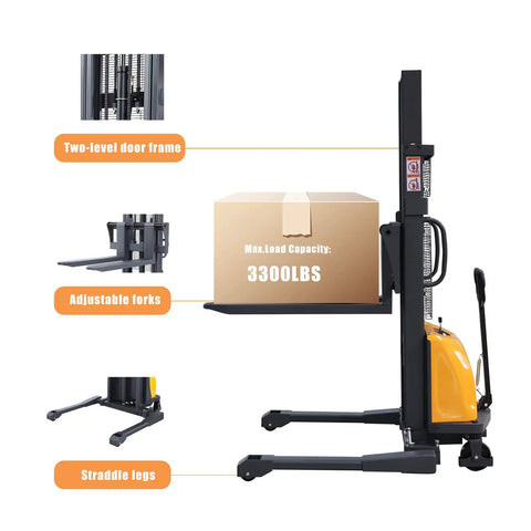 Semi Electric Pallet Stacker With Straddle Legs, 3300 Lb Capacity, 98 Inch Lift Height showing two-level door frame and adjustable forks