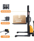 This Semi Electric Pallet Stacker Is A Total Badass For Your Warehouse, displaying adjustable forks and straddle legs with a 3300 lbs capacity.