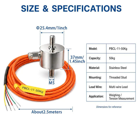 50 Kg Mini Load Cell Sensor For Tension And Compression Testing, Top Notch Precision 0.1 Percent, Stable Force Readings For Lab And Production Use, Great For Experimental Setups And Quality Control; stainless steel, 2.5m cable