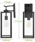 18 Inch Outdoor Wall Light With Dusk To Dawn Sensor, Black Waterproof Lantern Fixture With Glass Shade, dimensions shown