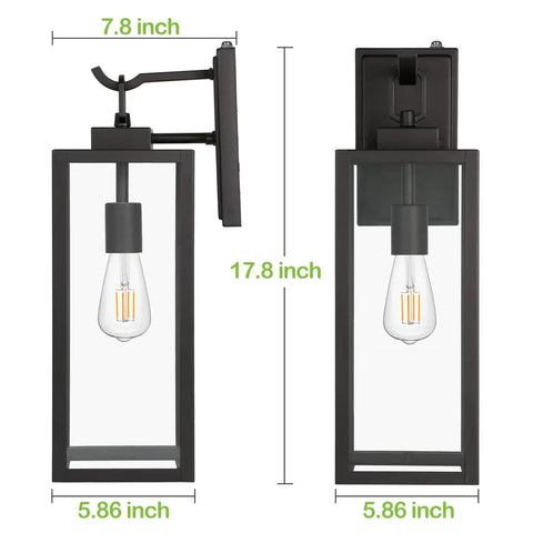 18 Inch Outdoor Wall Light With Dusk To Dawn Sensor, Black Waterproof Lantern Fixture With Glass Shade, dimensions shown