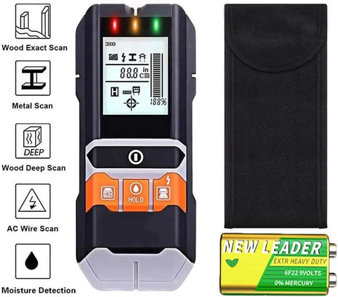 Heavy Duty 4 In 1 Stud Finder And Wall Scanner with LCD, battery, and carrying pouch for home repair projects.