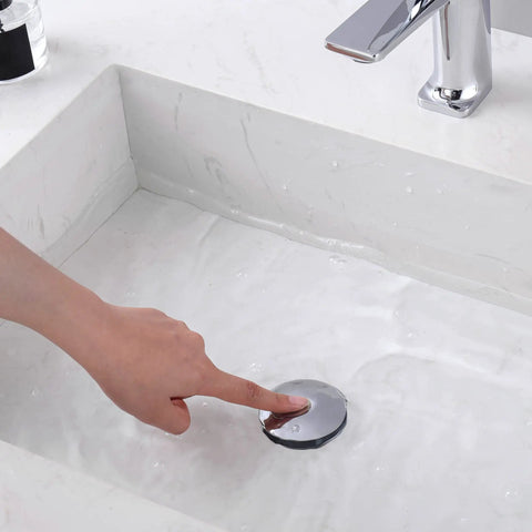 Finger pressing Pop Up Sink Stopper For 1.1 To 1.5 Inch Drains, Stainless Steel Hair Catcher Drain Filter, in white basin