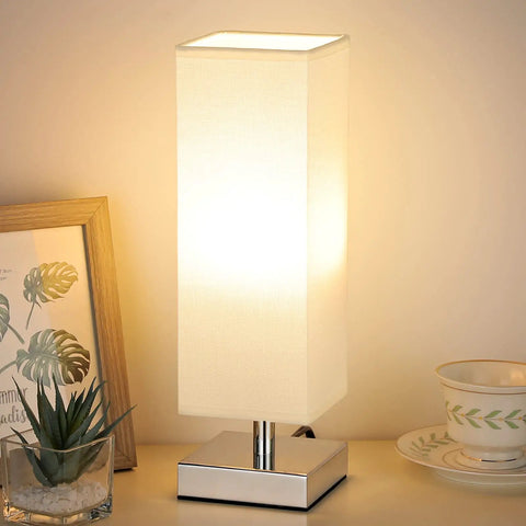 Cozy Minimalist Table Lamp For Bedroom Bedside Nightstand With Square Fabric Shade, Desk Reading Light For Kids Room Living Room Or Office, White Shade And Silver Base, UL Listed next to decor