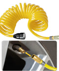 Heavy Duty Tire Inflation Hose Rock Solid Screw Lock Connector with yellow coiled design and quick connect fittings for easy use.