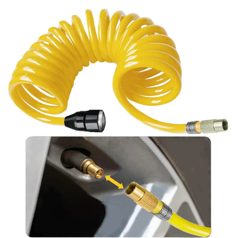 Heavy Duty Tire Inflation Hose Rock Solid Screw Lock Connector with yellow coiled design and quick connect fittings for easy use.