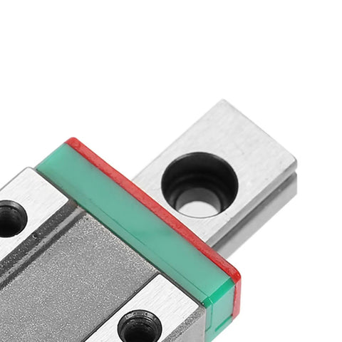 Close-up of 9mm Miniature Linear Rail With Bearing Steel Block, showcasing ball retainer and precision design, 55mm travel.