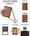 Collage of AirTag Enabled Passport Holder with RFID Protection showing elastic webbing, various uses, brown leather wallet.